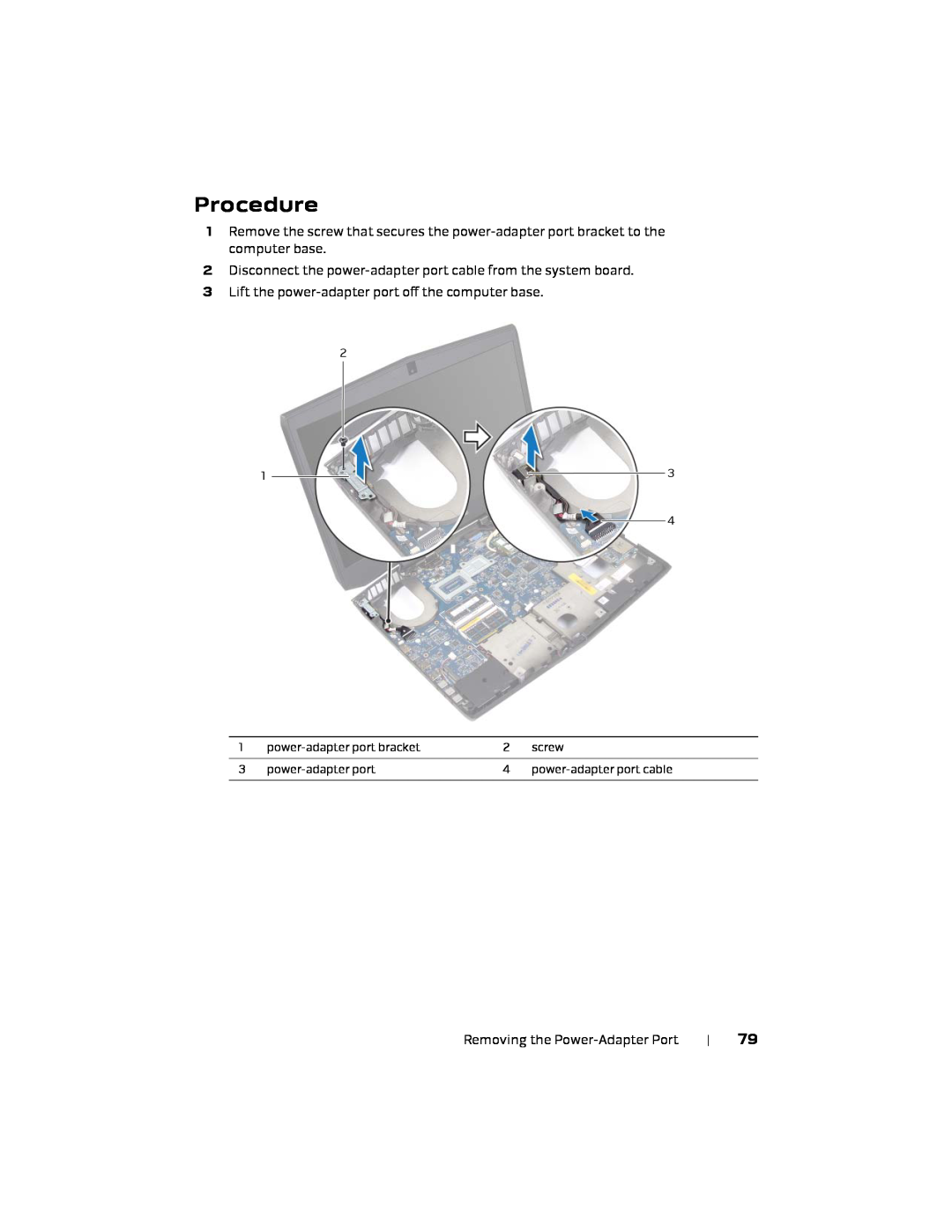 Alienware 17 R1, P18E owner manual Procedure, power-adapter port bracket, screw, power-adapter port cable 