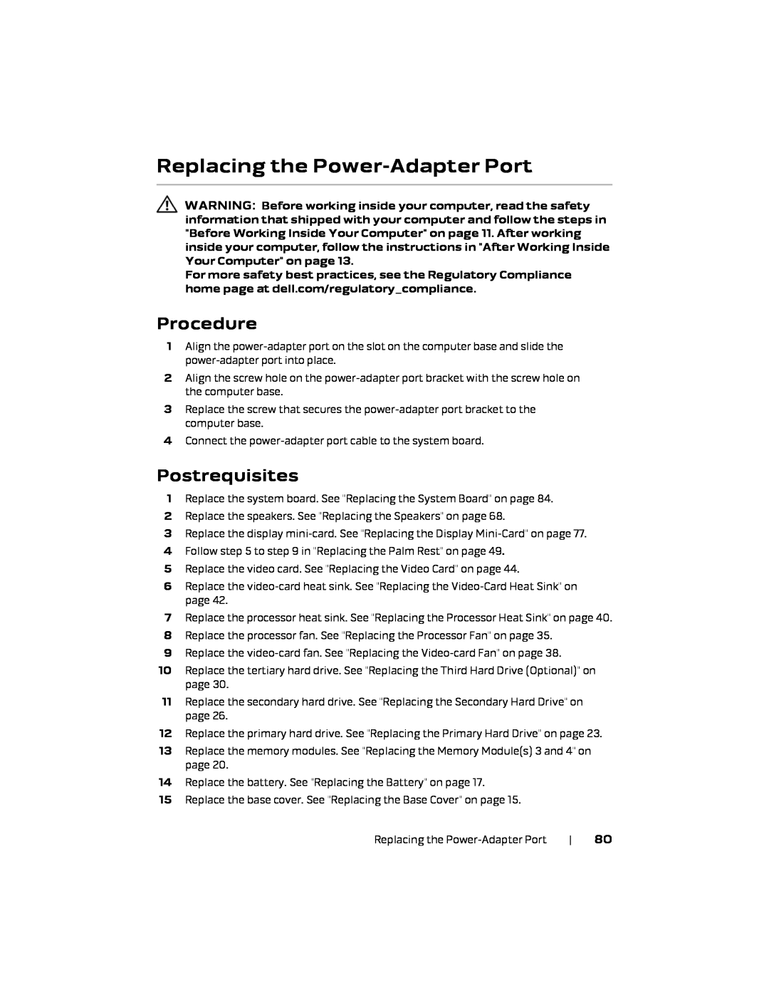 Alienware P18E, 17 R1 owner manual Replacing the Power-Adapter Port, Procedure, Postrequisites 