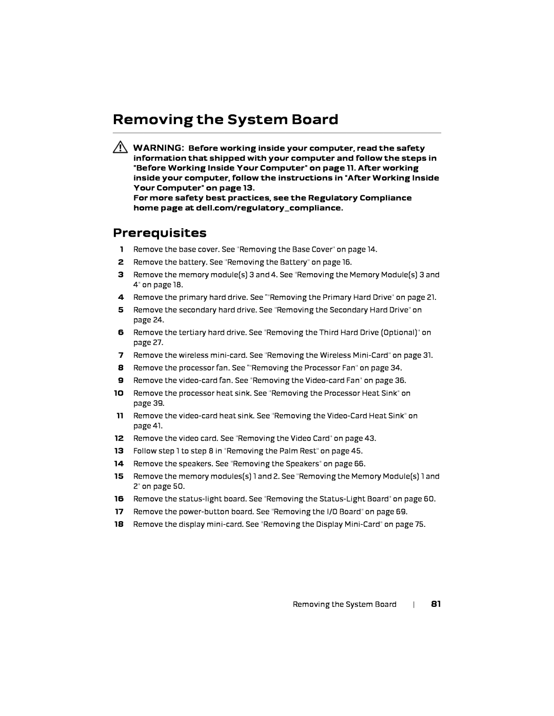 Alienware 17 R1, P18E owner manual Removing the System Board, Prerequisites 