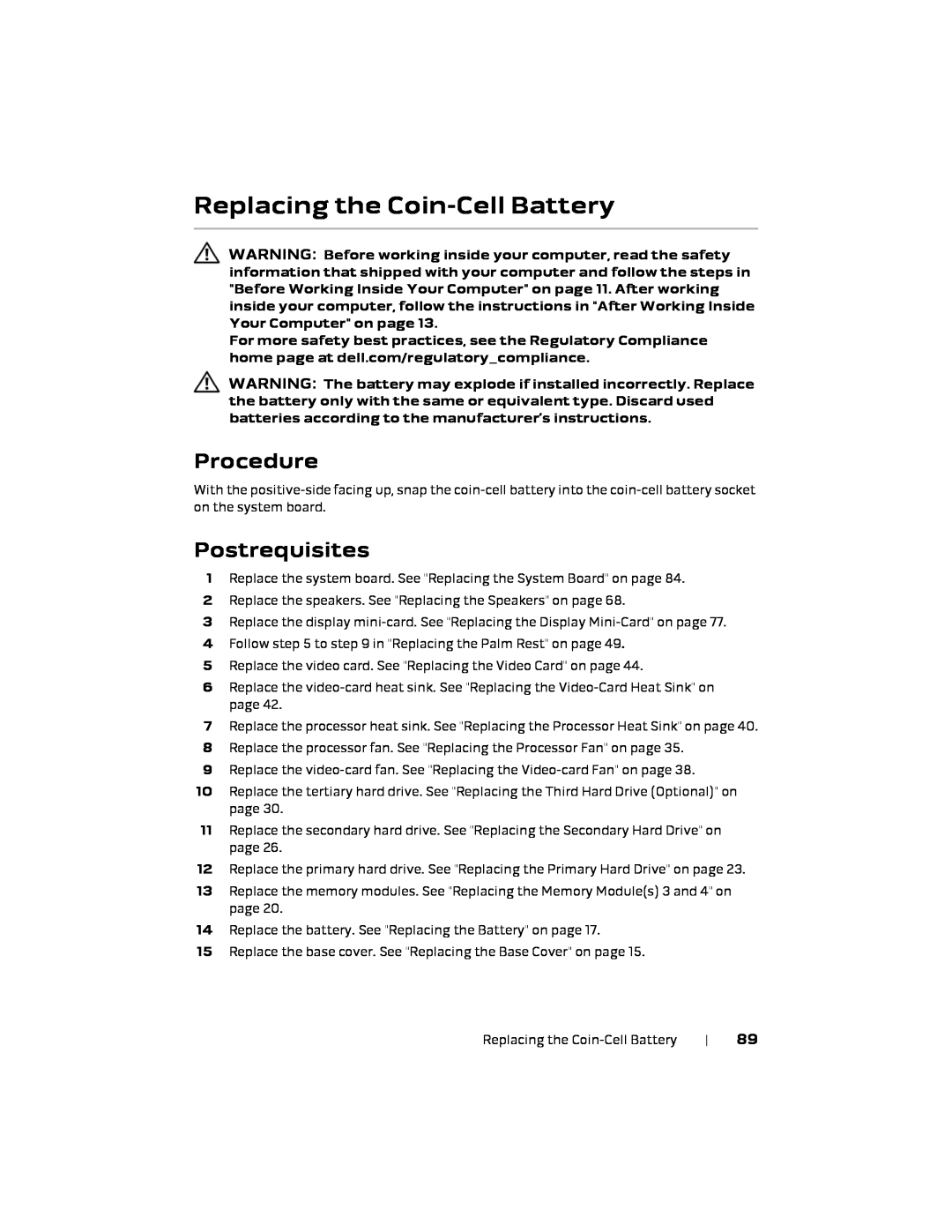 Alienware 17 R1, P18E owner manual Replacing the Coin-Cell Battery, Procedure, Postrequisites 