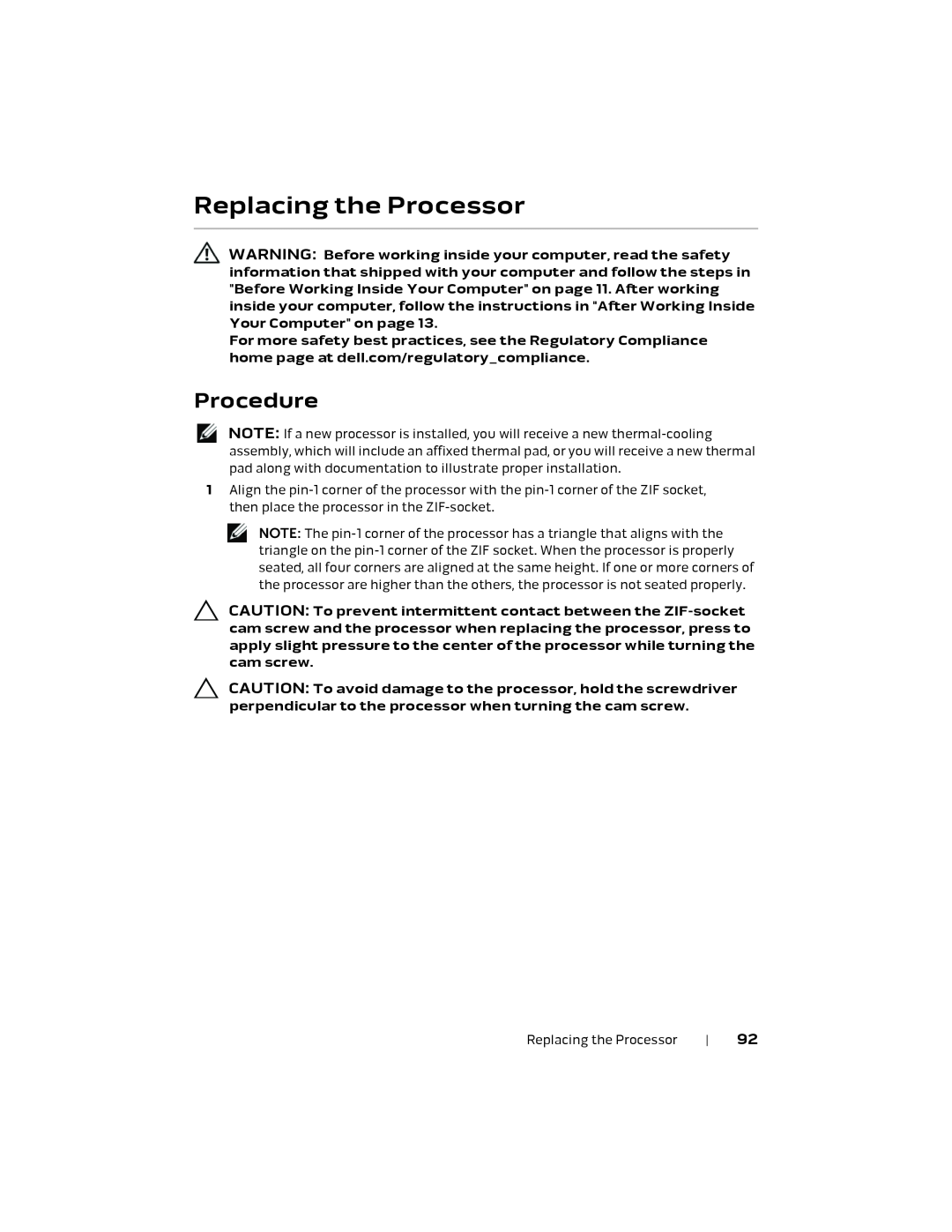 Alienware P18E, 17 R1 owner manual Replacing the Processor, Procedure 