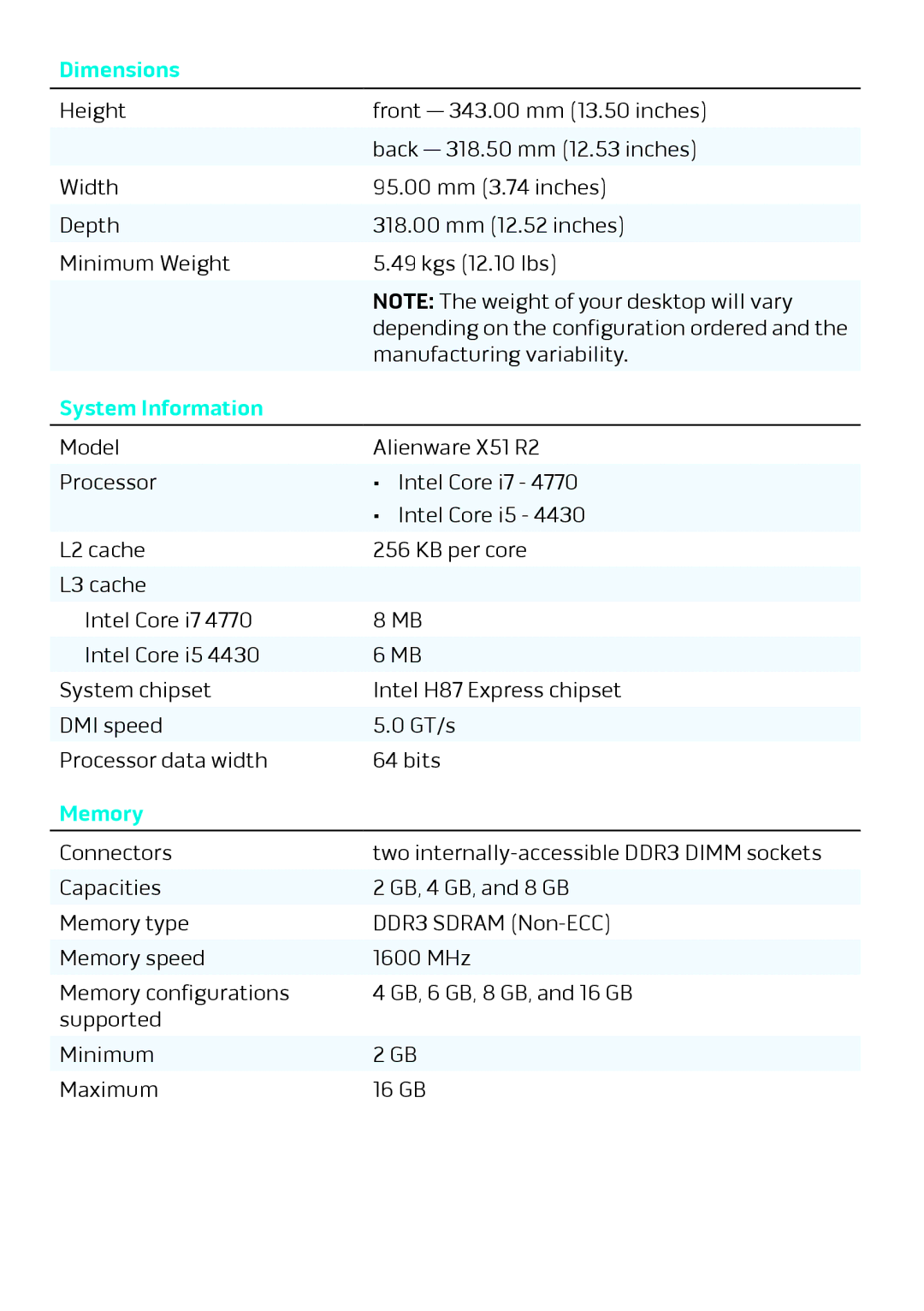 Alienware X51 R2 specifications Dimensions, System Information, Memory 