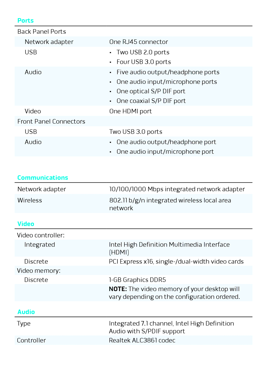 Alienware X51 R2 specifications Ports, Communications, Video, Audio 