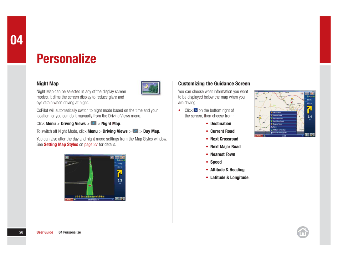 ALK Technologies 11 manual Night Map, Customizing the Guidance Screen 