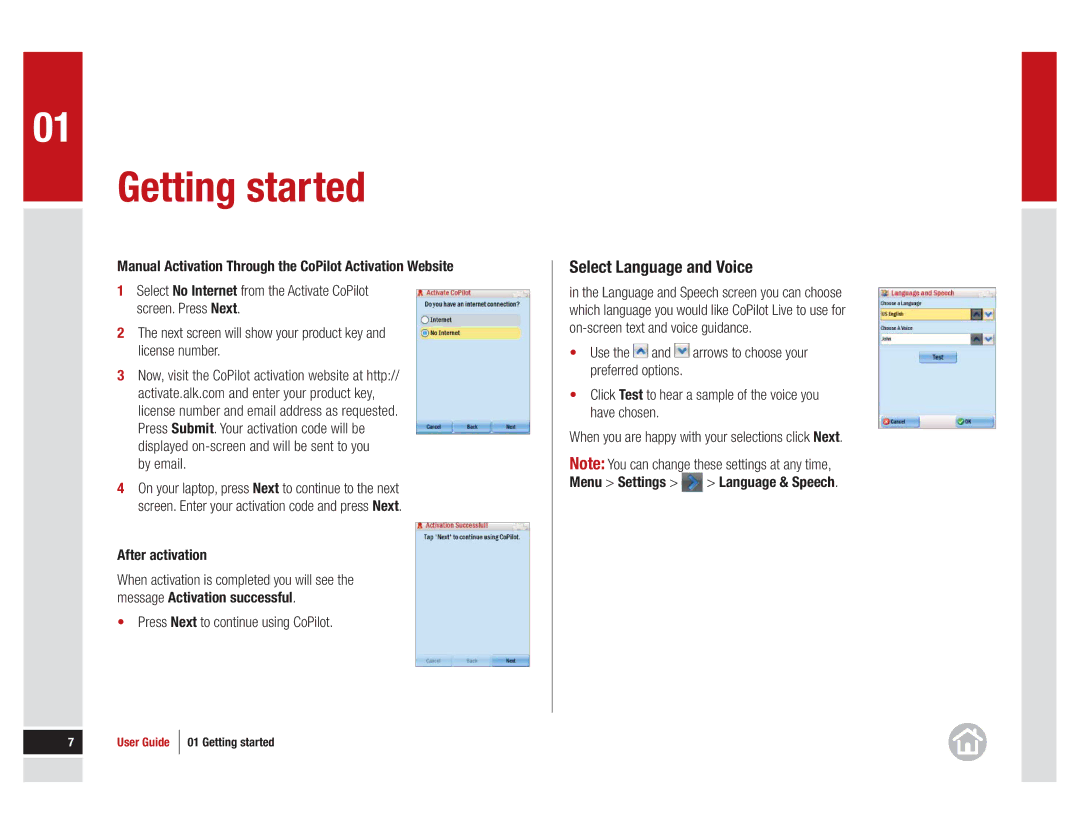 ALK Technologies 11 manual Select Language and Voice, After activation, Press Next to continue using CoPilot 