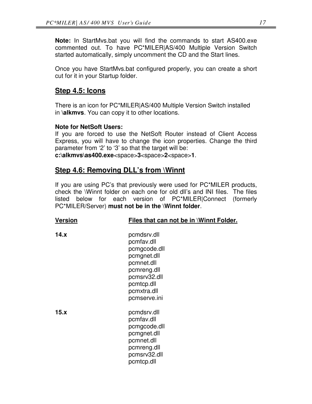 ALK Technologies AS/400 manual Icons, Removing DLL’s from \Winnt, Version Files that can not be in \Winnt Folder 14.x, 15.x 
