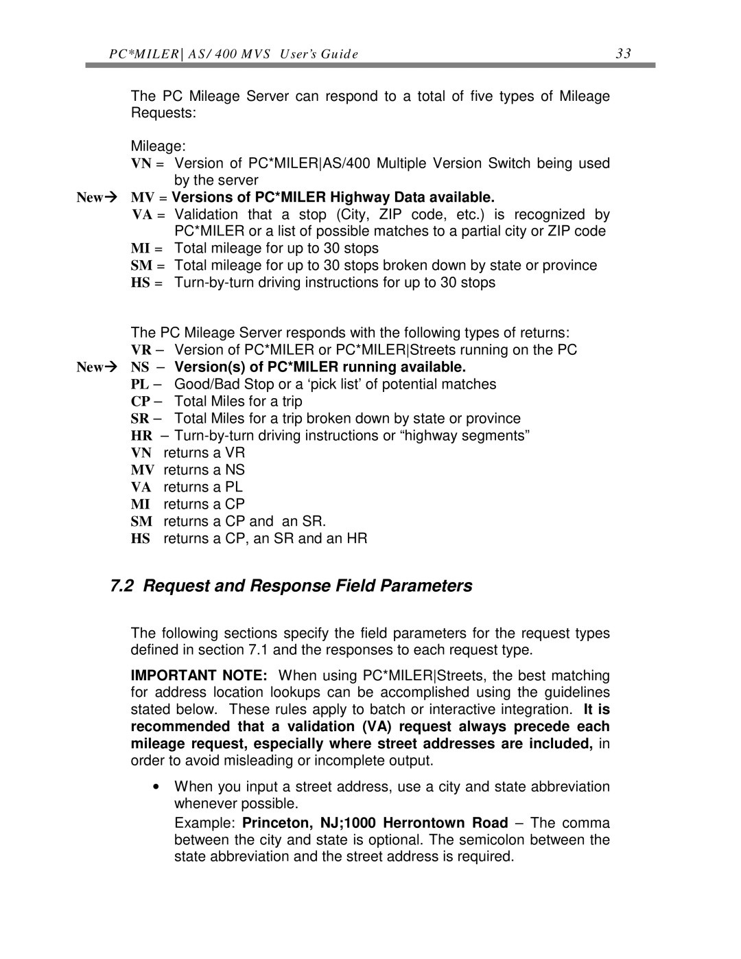 ALK Technologies AS/400 manual Request and Response Field Parameters, NewÆ MV = Versions of PC*MILER Highway Data available 