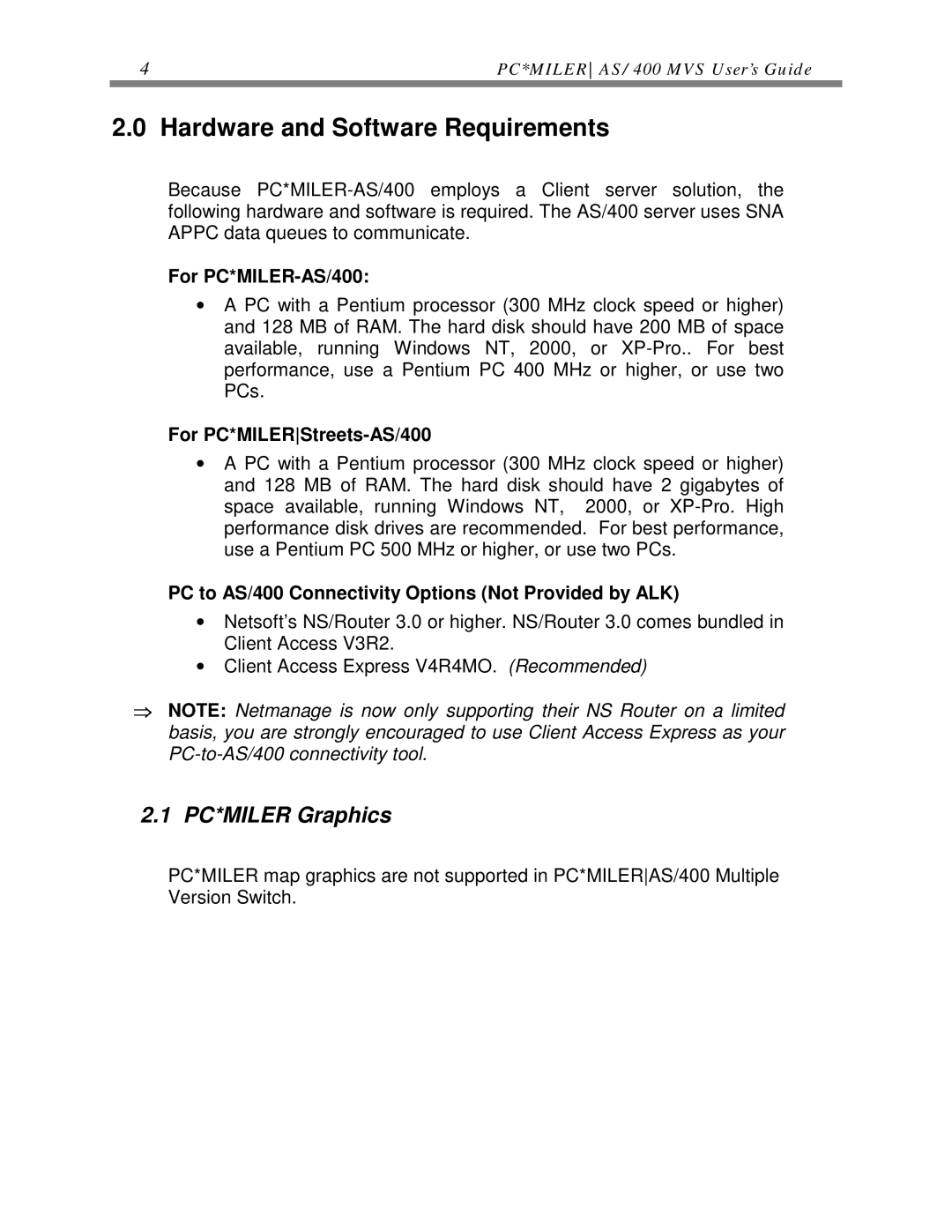 ALK Technologies Hardware and Software Requirements, PC*MILER Graphics, For PC*MILER-AS/400, For PC*MILERStreets-AS/400 