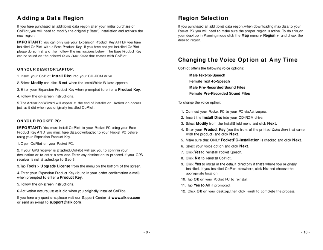 ALK Technologies PC5 manual Adding a Data Region, Region Selection, Changing the Voice Option at Any Time 