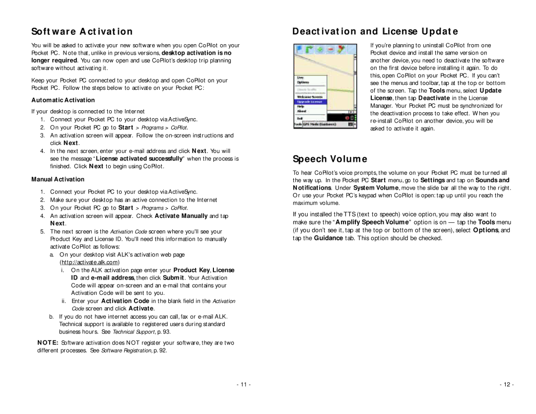 ALK Technologies PC5 manual Software Activation, Deactivation and License Update, Speech Volume 