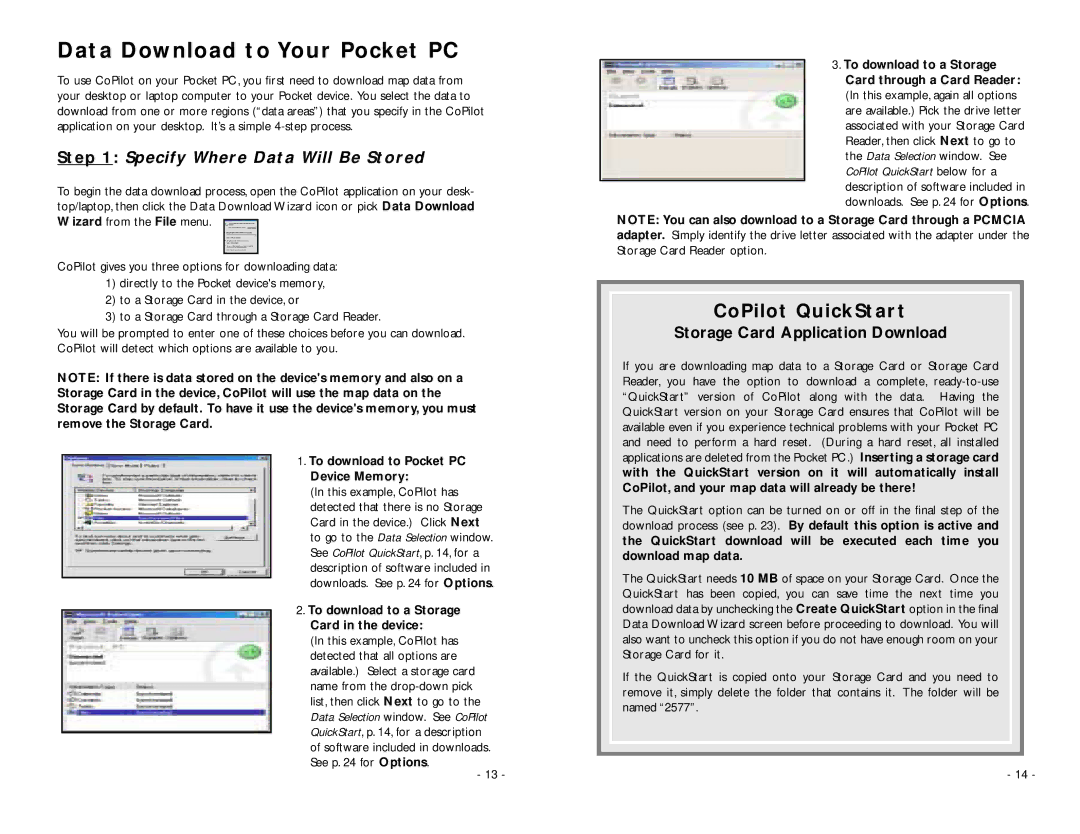 ALK Technologies PC5 manual Data Download to Your Pocket PC, CoPilot QuickStart, Specify Where Data Will Be Stored 