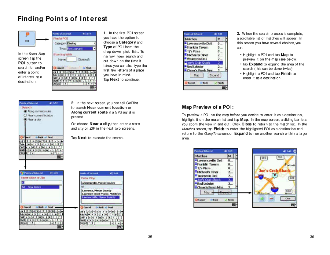 ALK Technologies PC5 manual Finding Points of Interest, Map Preview of a POI, Tap Next to execute the search Area 