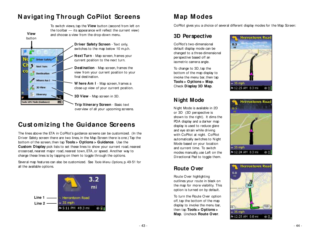 ALK Technologies PC5 manual Navigating Through CoPilot Screens, Customizing the Guidance Screens, Map Modes 