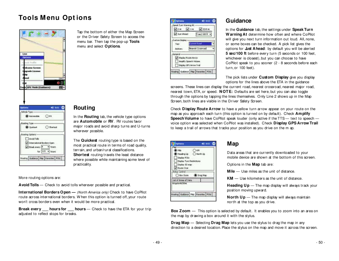 ALK Technologies PC5 manual Tools Menu Options, Routing, Guidance, Map 