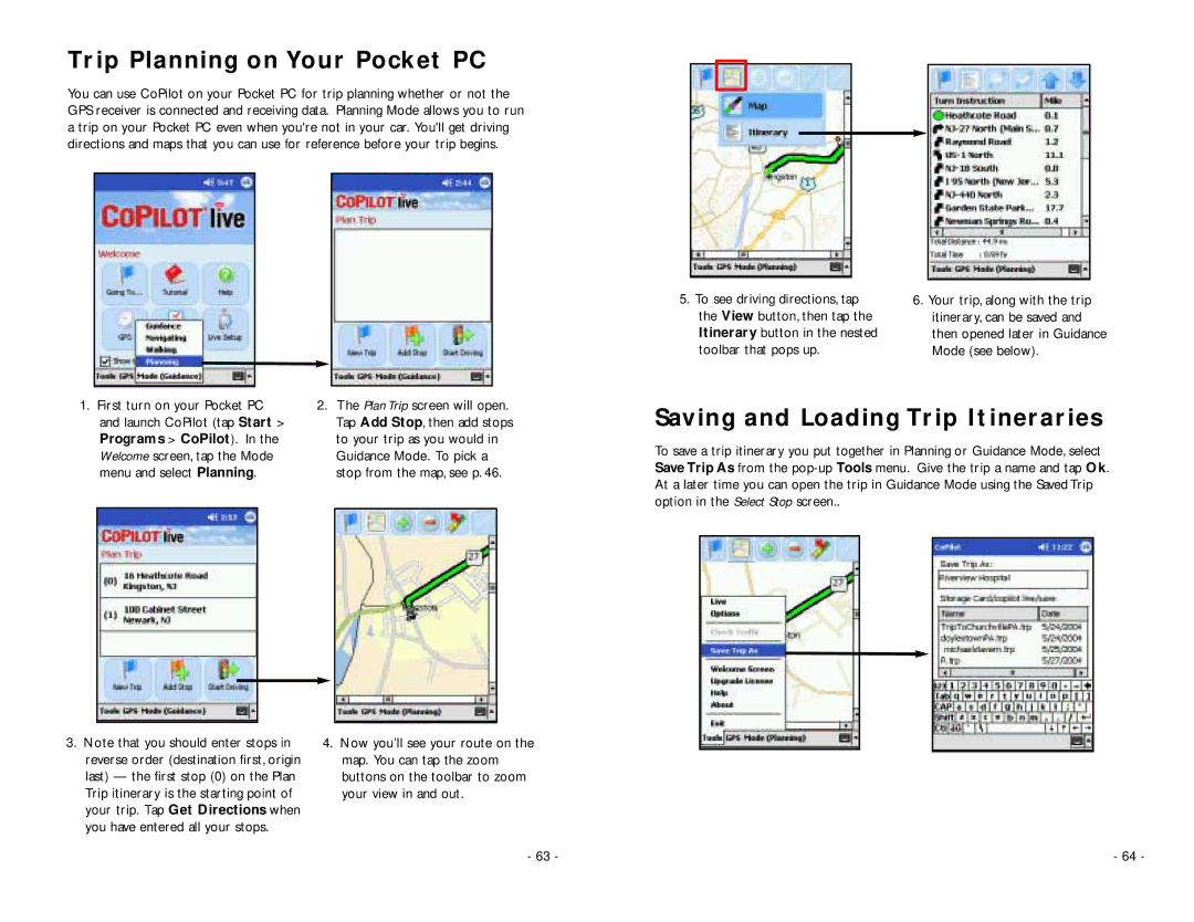 ALK Technologies PC5 manual Trip Planning on Your Pocket PC, Saving and Loading Trip Itineraries, Programs CoPilot 