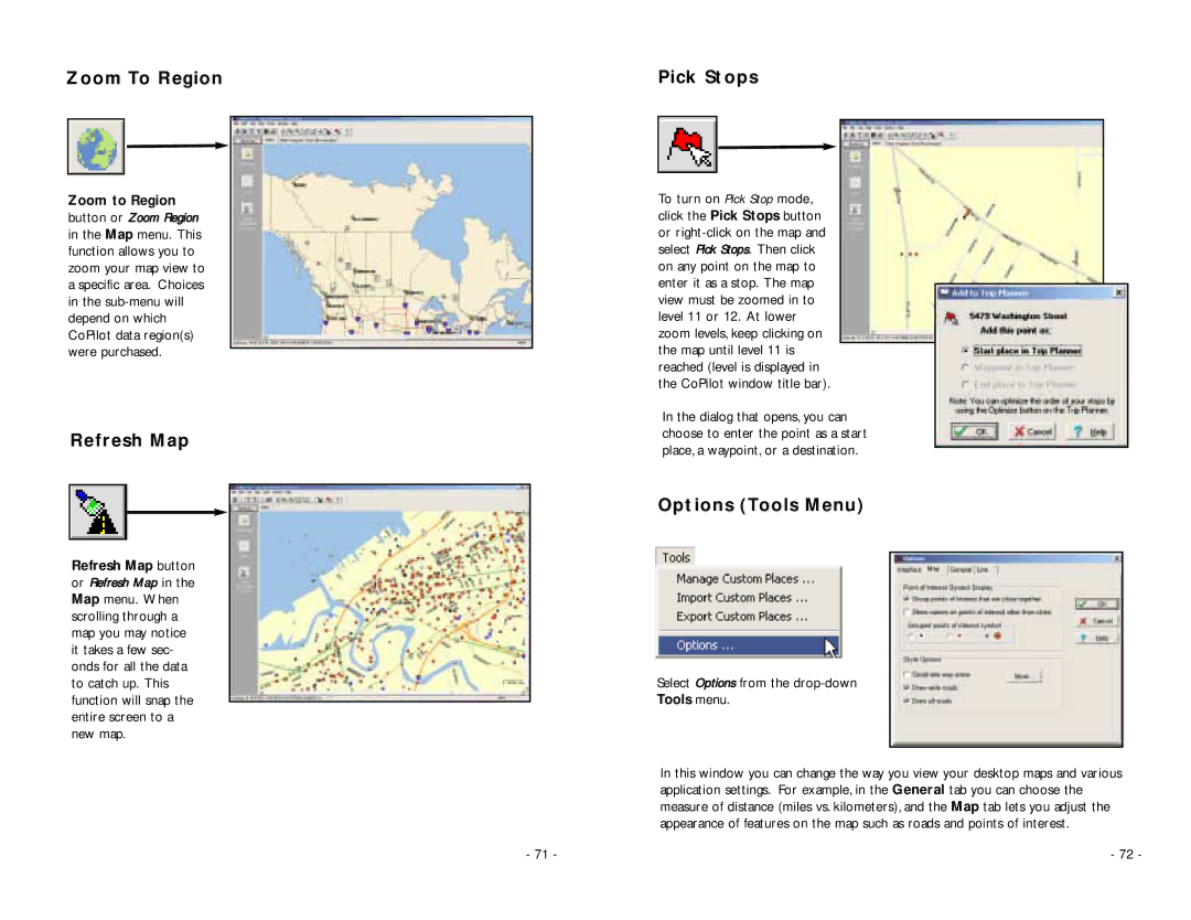 ALK Technologies PC5 manual Zoom To Region, Refresh Map, Pick Stops, Options Tools Menu 