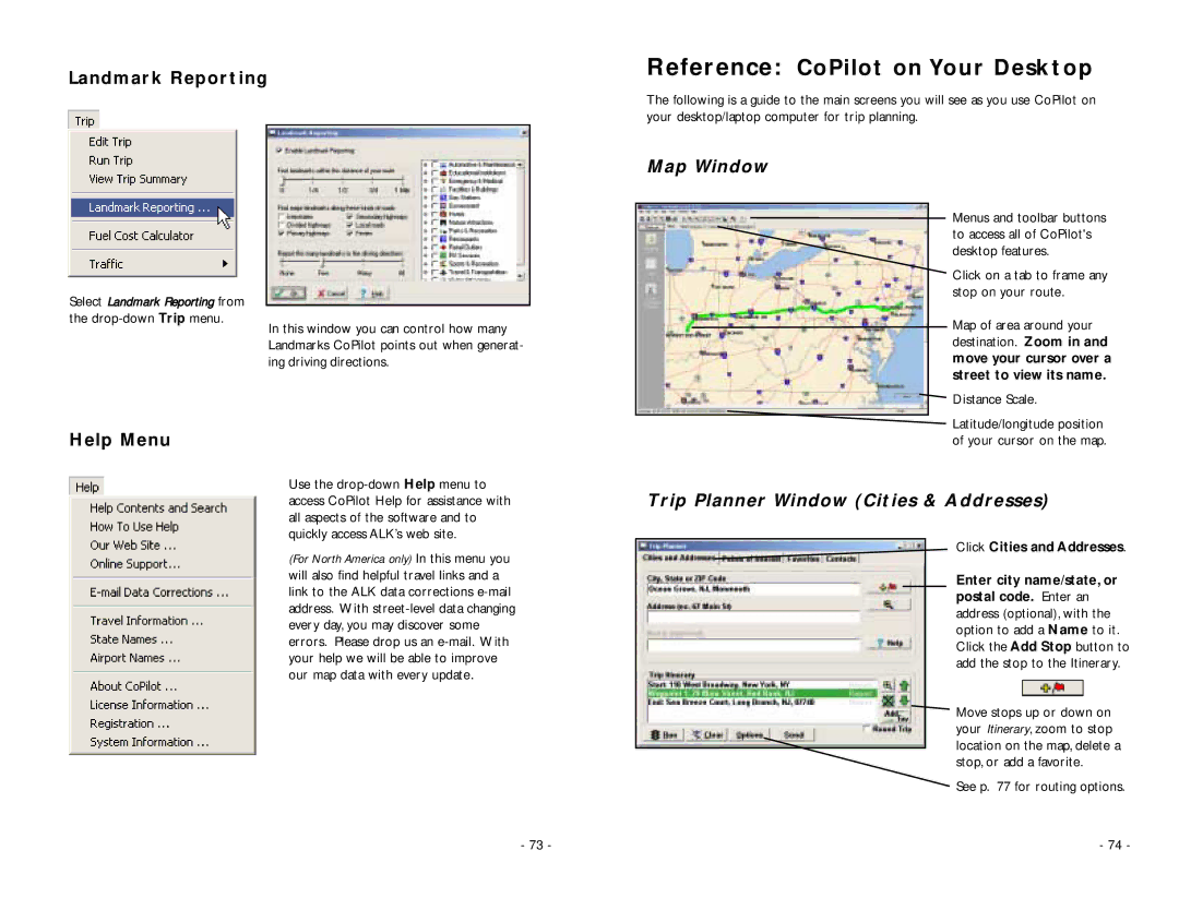 ALK Technologies PC5 manual Landmark Reporting, Help Menu, Map Window, Trip Planner Window Cities & Addresses 