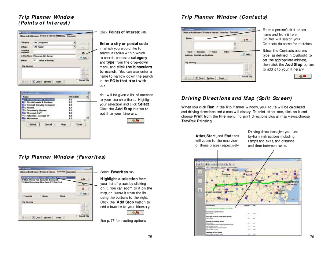 ALK Technologies PC5 Trip Planner Window Points of Interest, Trip Planner Window Favorites, Trip Planner Window Contacts 