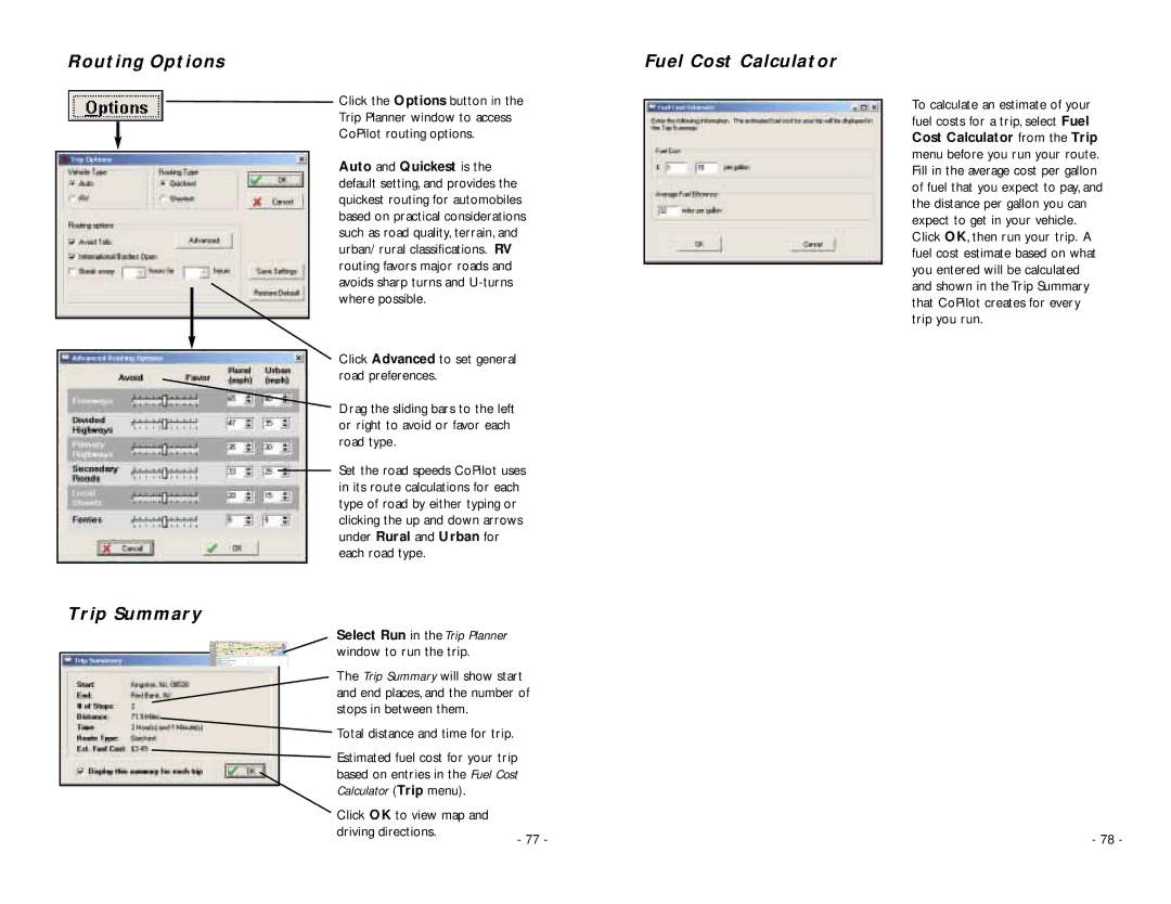 ALK Technologies PC5 manual Routing Options, Trip Summary, Fuel Cost Calculator 