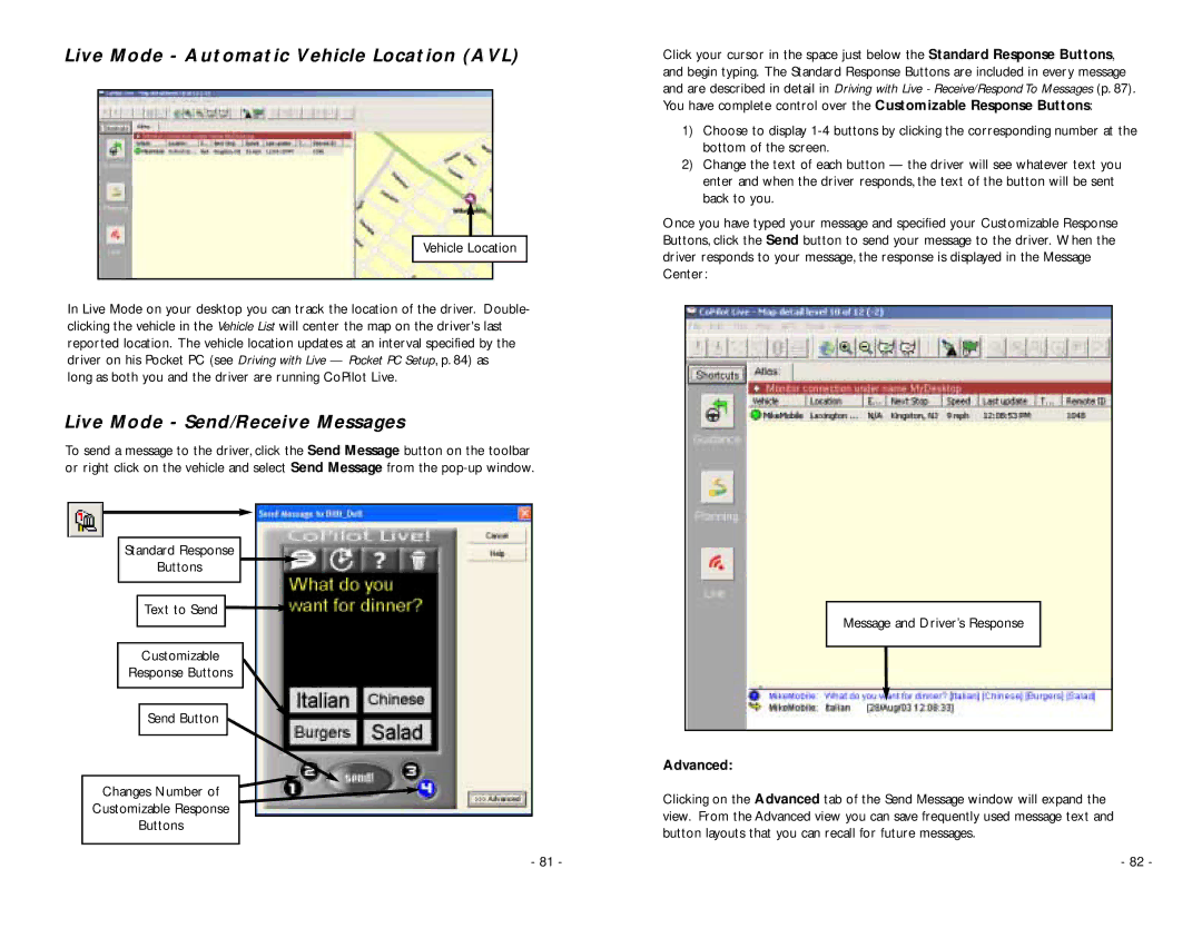 ALK Technologies PC5 manual Live Mode Automatic Vehicle Location AVL, Live Mode Send/Receive Messages, Advanced 