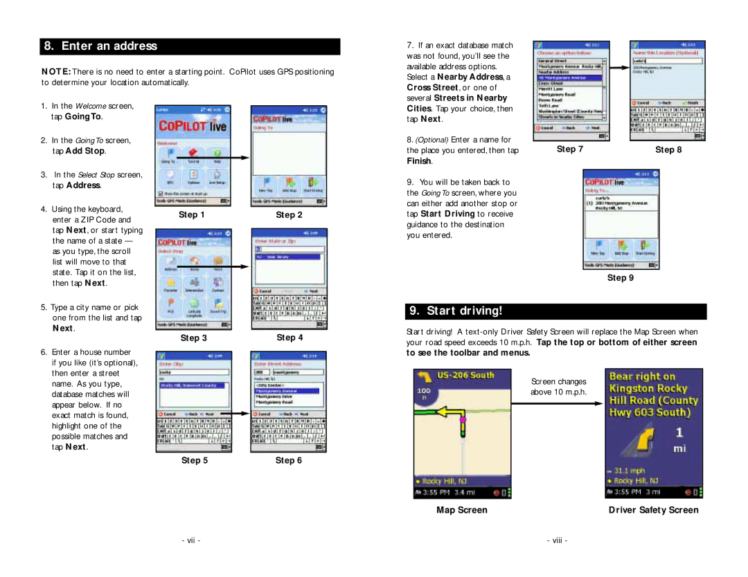 ALK Technologies PC5 manual Cross Street, or one, Several Streets in Nearby, Step, Finish, Driver Safety Screen 