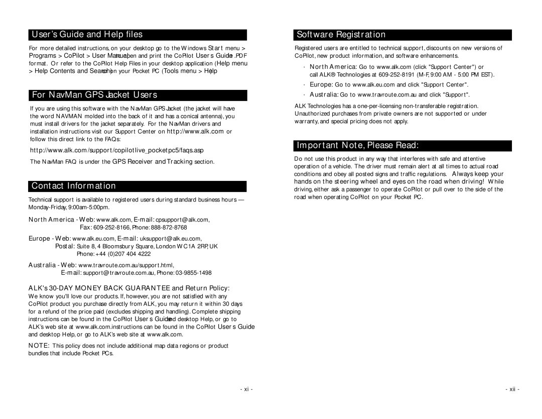 ALK Technologies PC5 manual Contact Information, NavMan FAQ is under the GPS Receiver and Tracking section 