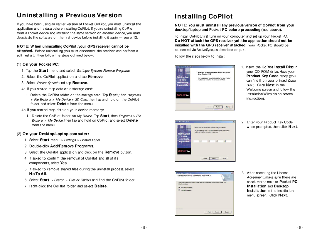 ALK Technologies Pocket PC 5 manual Uninstalling a Previous Version, Installing CoPilot 