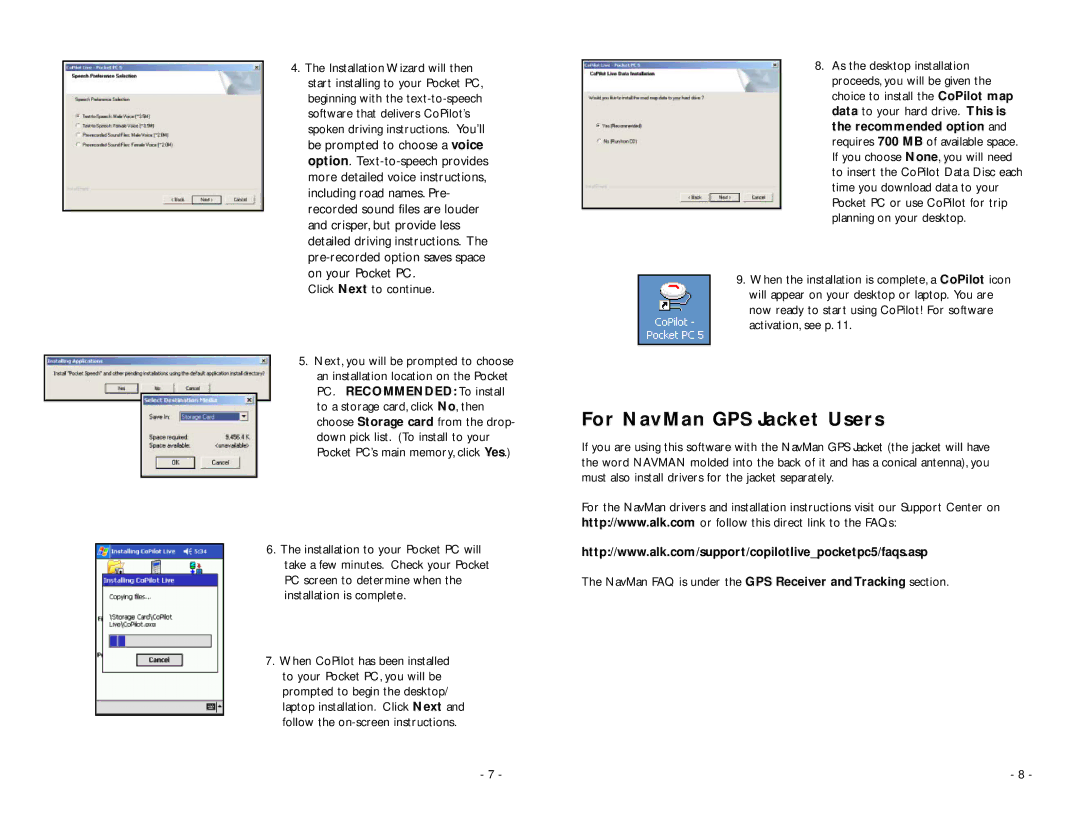 ALK Technologies Pocket PC 5 manual For NavMan GPS Jacket Users, Click Next to continue 