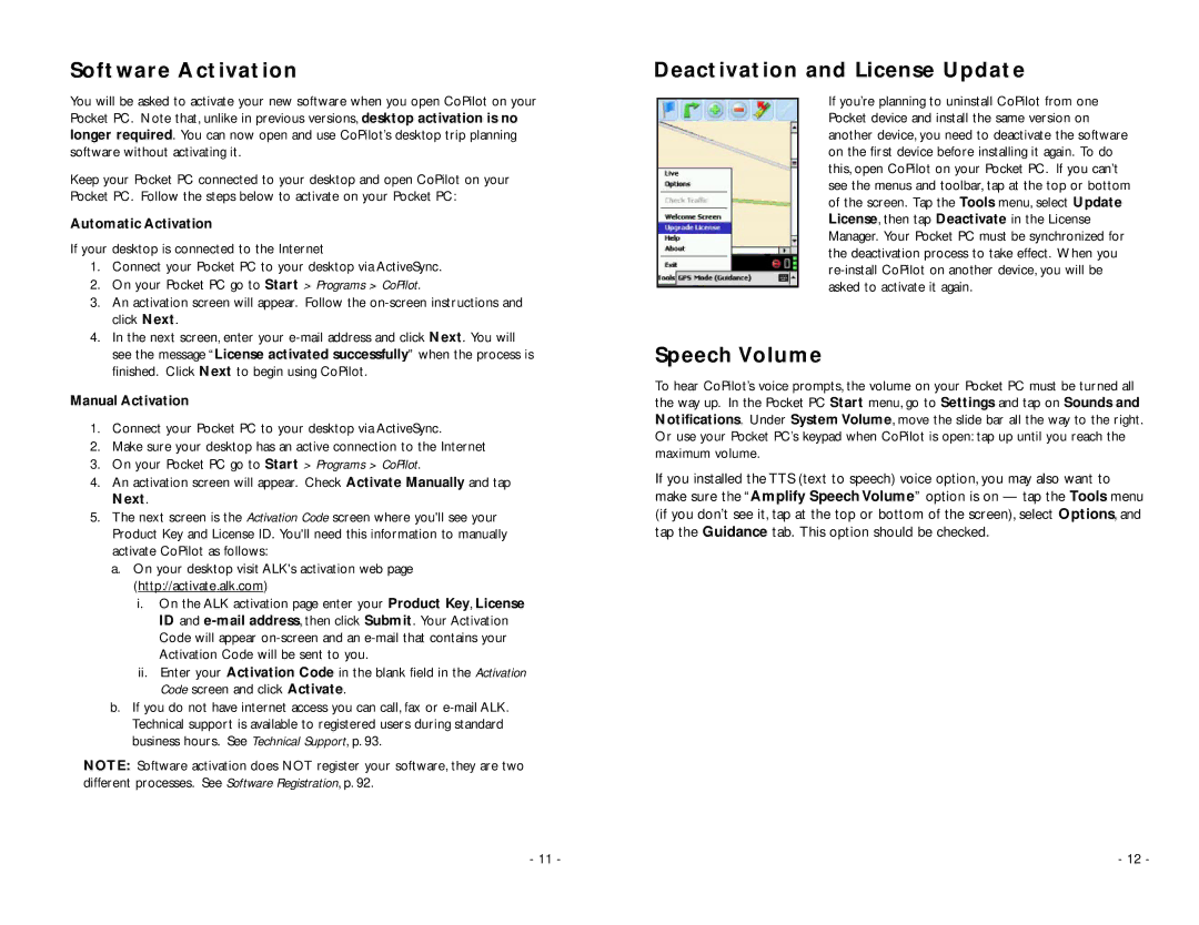 ALK Technologies Pocket PC 5 manual Software Activation, Deactivation and License Update, Speech Volume 