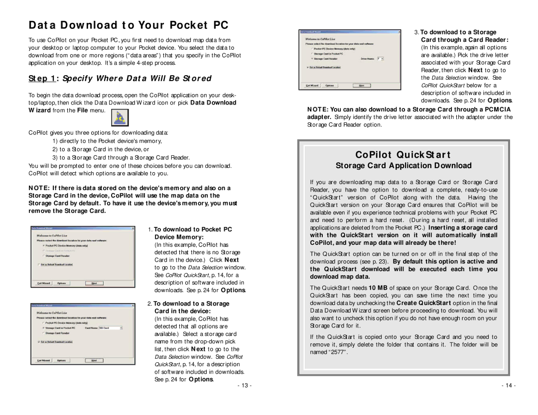 ALK Technologies Pocket PC 5 manual Data Download to Your Pocket PC, CoPilot QuickStart, Specify Where Data Will Be Stored 