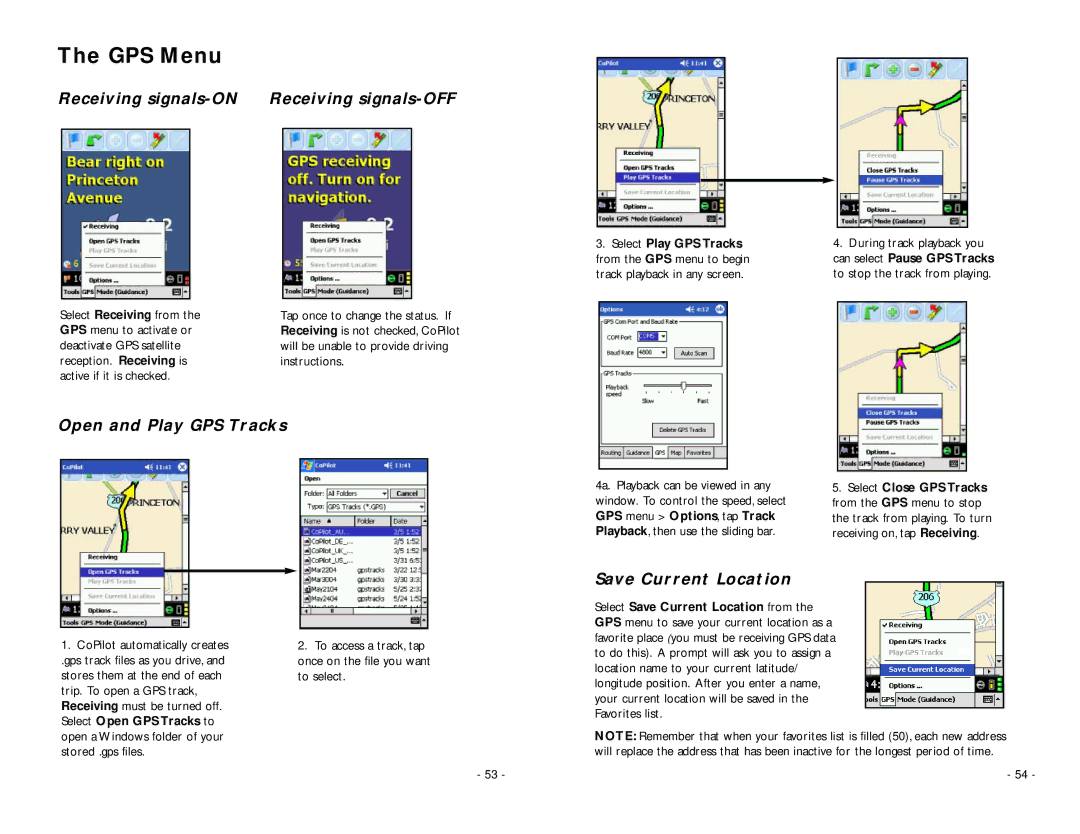 ALK Technologies Pocket PC 5 manual GPS Menu, Receiving signals-ON Receiving signals-OFF, Open and Play GPS Tracks 