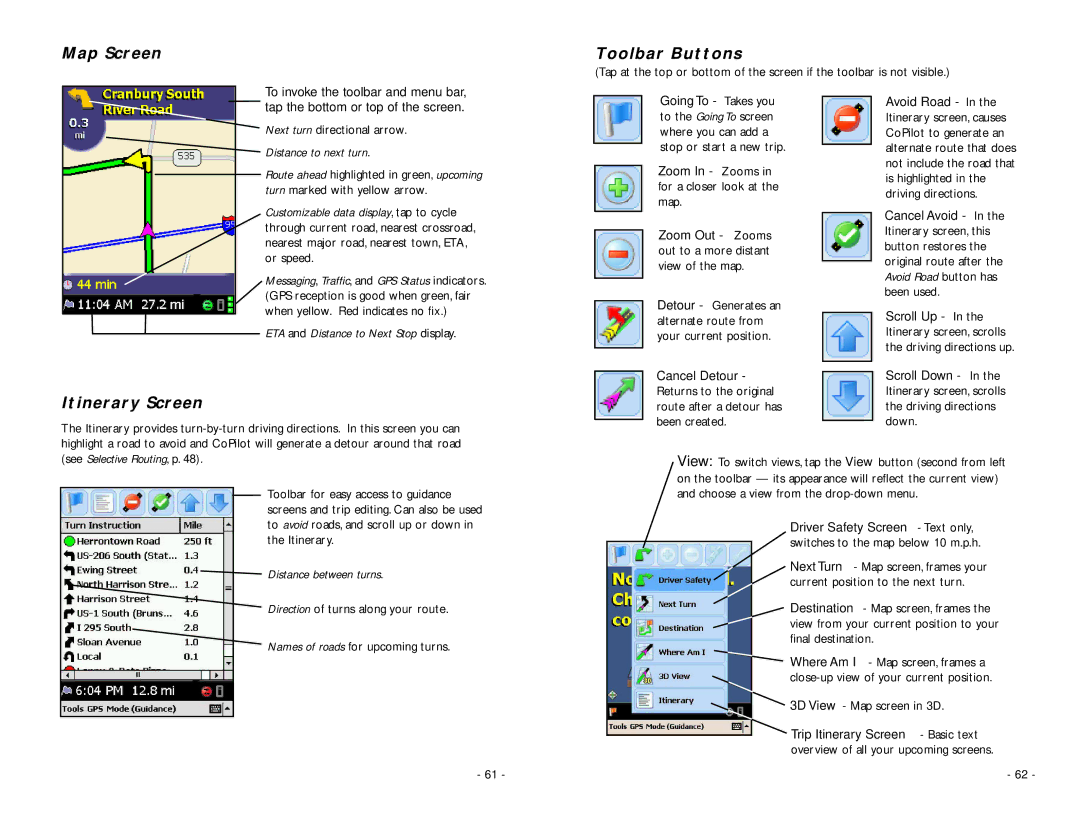 ALK Technologies Pocket PC 5 manual Map Screen, Toolbar Buttons, Itinerary Screen, To invoke the toolbar and menu bar 