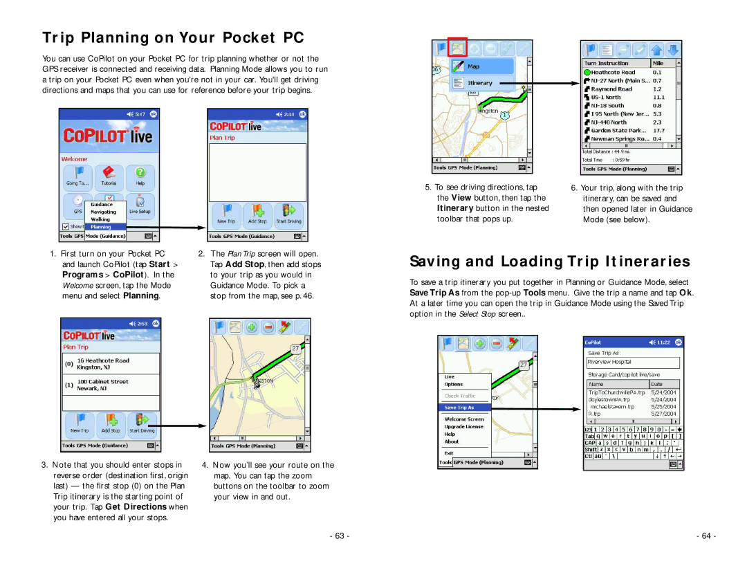 ALK Technologies Pocket PC 5 manual Trip Planning on Your Pocket PC, Saving and Loading Trip Itineraries, Programs CoPilot 