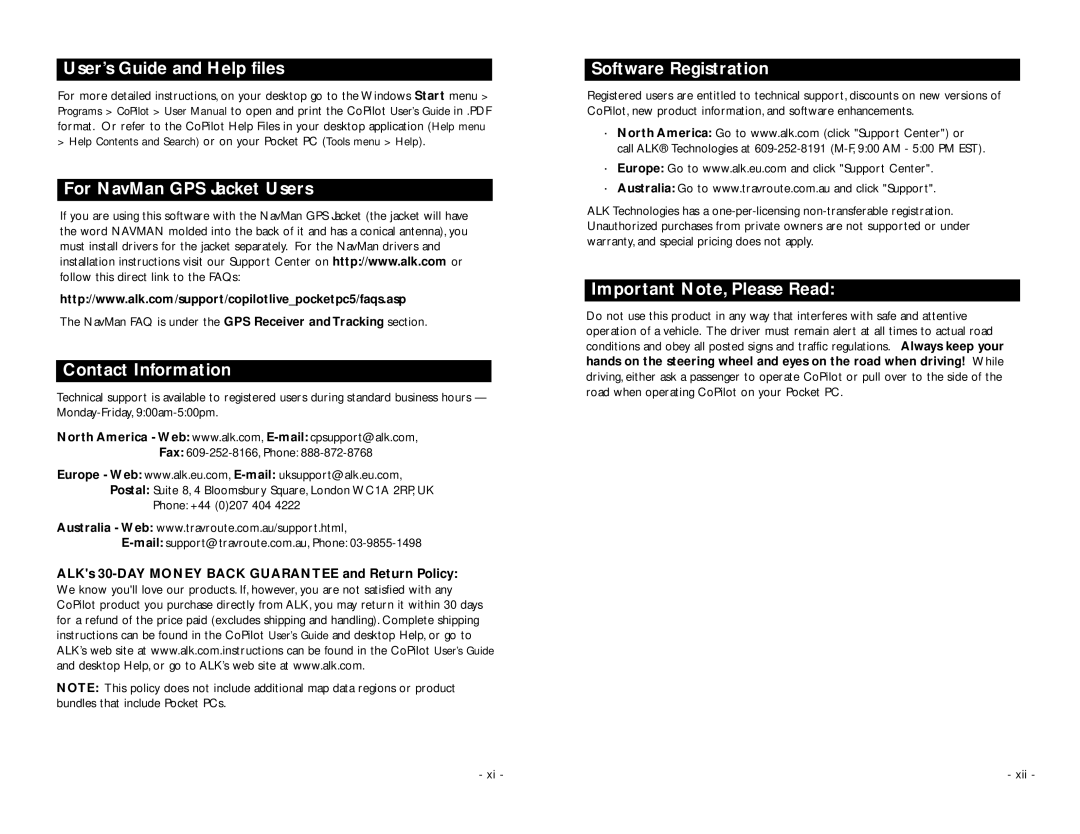 ALK Technologies Pocket PC 5 manual Contact Information, NavMan FAQ is under the GPS Receiver and Tracking section 