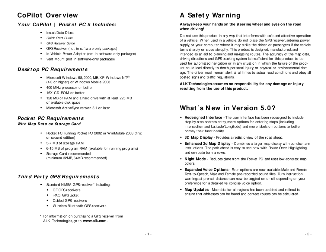 ALK Technologies Pocket PC 5 manual CoPilot Overview, Safety Warning, What’s New in Version 5.0? 