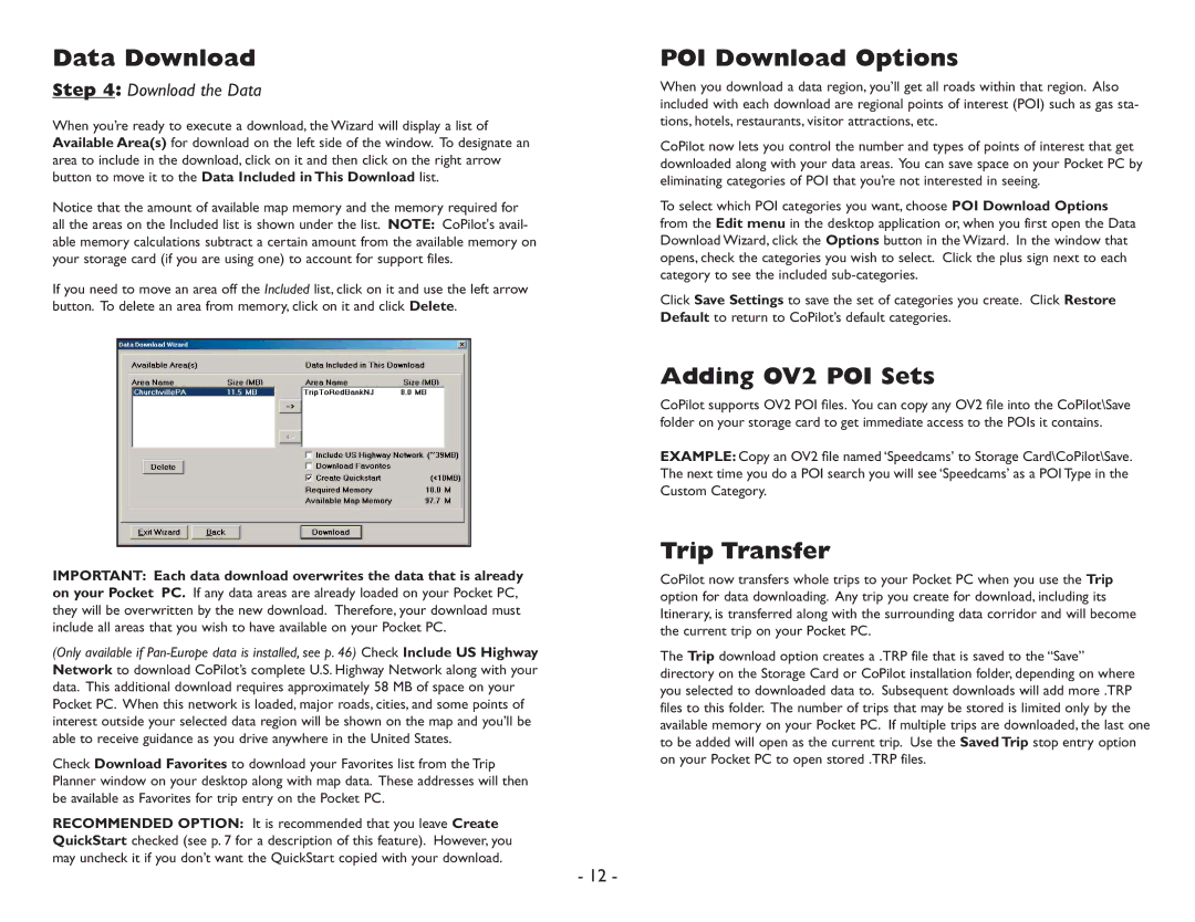 ALK Technologies Pocket PC 6 manual POI Download Options, Adding OV2 POI Sets, Trip Transfer 