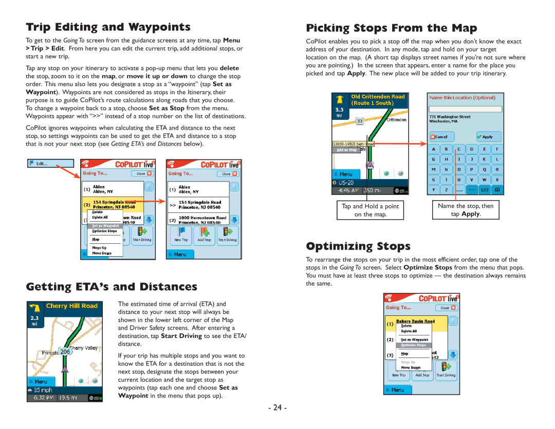 ALK Technologies Pocket PC 6 manual Trip Editing and Waypoints, Getting ETA’s and Distances, Picking Stops From the Map 