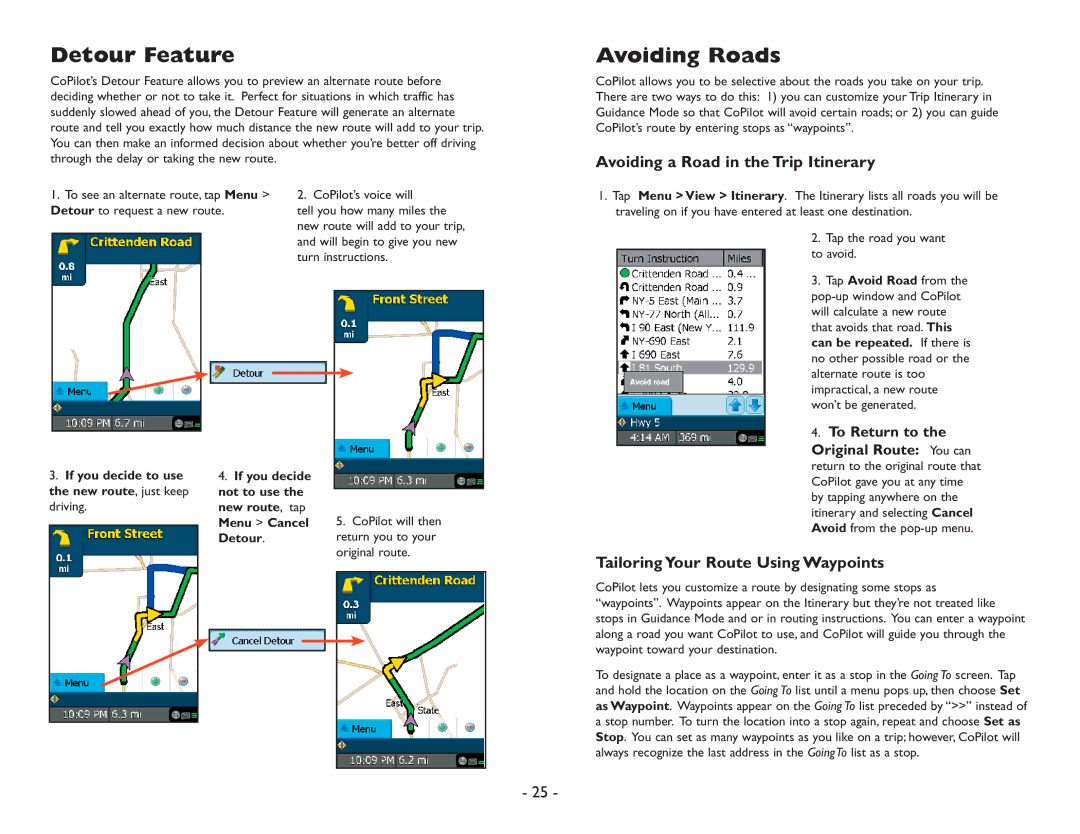 ALK Technologies Pocket PC 6 manual Detour Feature, Avoiding Roads, Avoiding a Road in the Trip Itinerary 