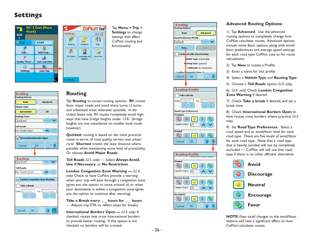 ALK Technologies Pocket PC 6 manual Settings, Routing, Avoid Discourage Neutral Encourage Favor 