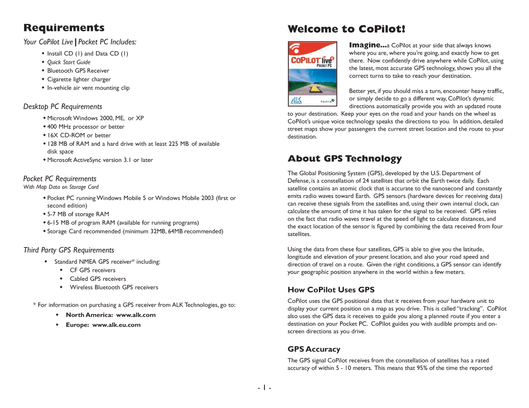 ALK Technologies Pocket PC 6 Requirements, Welcome to CoPilot, About GPS Technology, How CoPilot Uses GPS, GPS Accuracy 