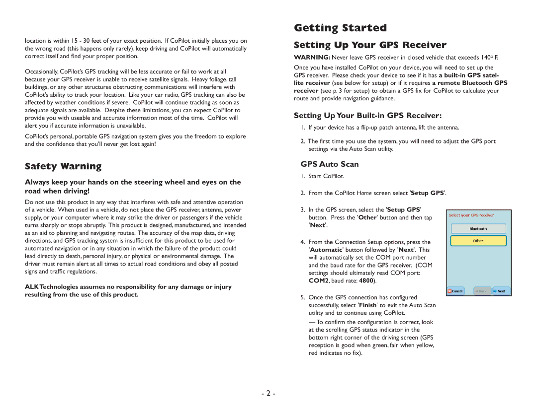 ALK Technologies Pocket PC 6 manual Getting Started, Safety Warning, Setting Up Your GPS Receiver, GPS Auto Scan 