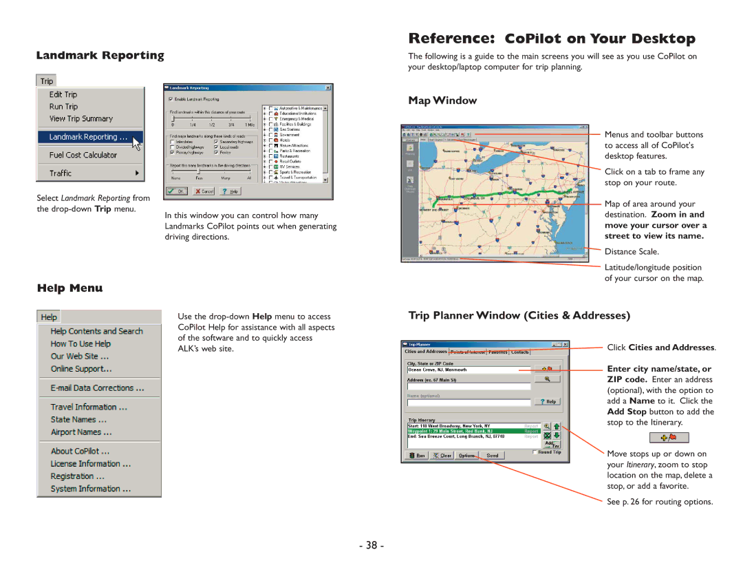 ALK Technologies Pocket PC 6 manual Landmark Reporting, Help Menu, Map Window, Trip Planner Window Cities & Addresses 