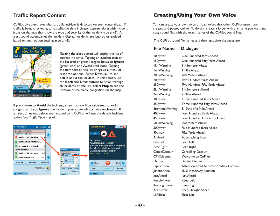 ALK Technologies Pocket PC 6 manual Traffic Report Content, Creating/Using Your Own Voice, File Name Dialogue 