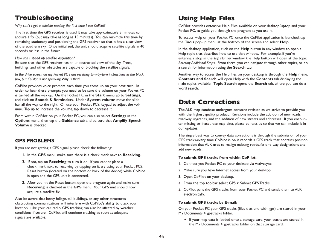 ALK Technologies Pocket PC 6 Troubleshooting, Using Help Files, Data Corrections, To submit GPS tracks from within CoPilot 