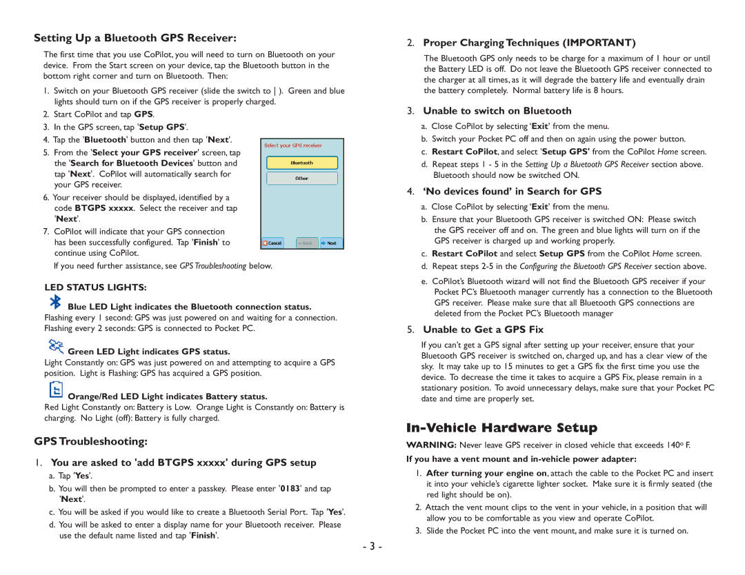 ALK Technologies Pocket PC 6 manual In-Vehicle Hardware Setup, Setting Up a Bluetooth GPS Receiver, GPS Troubleshooting 