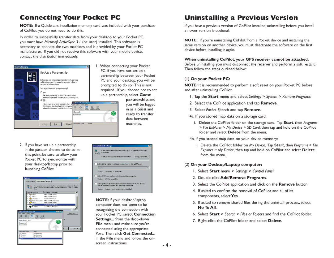 ALK Technologies Pocket PC 6 manual Connecting Your Pocket PC, Uninstalling a Previous Version, On your Pocket PC 