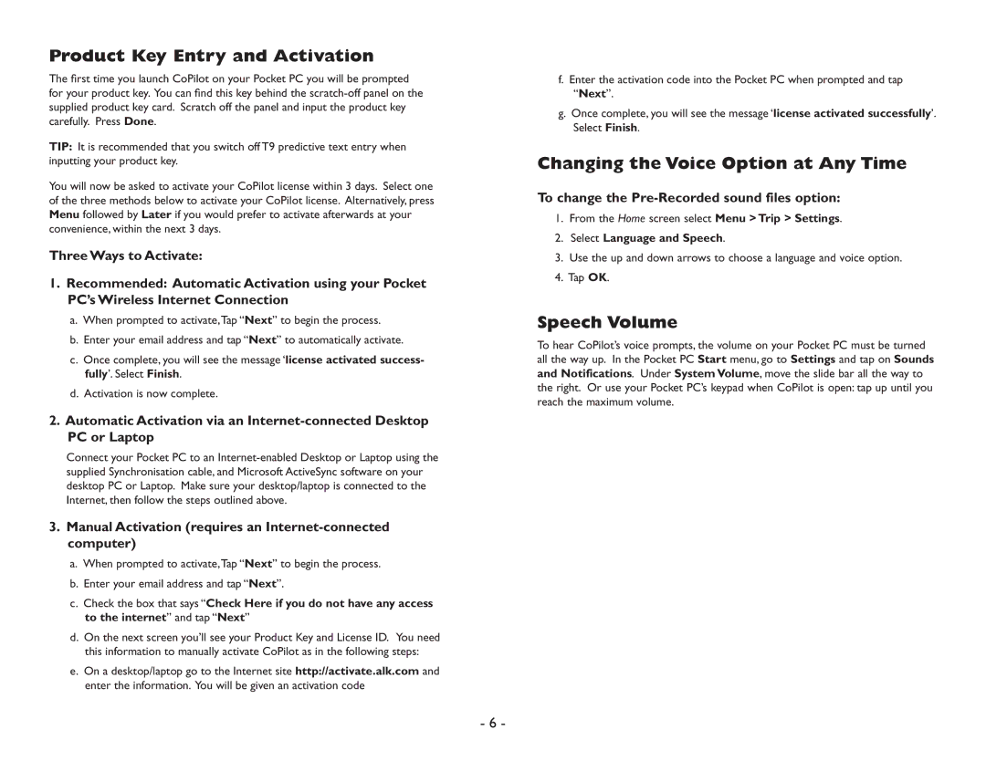 ALK Technologies Pocket PC 6 manual Product Key Entry and Activation, Changing the Voice Option at Any Time, Speech Volume 