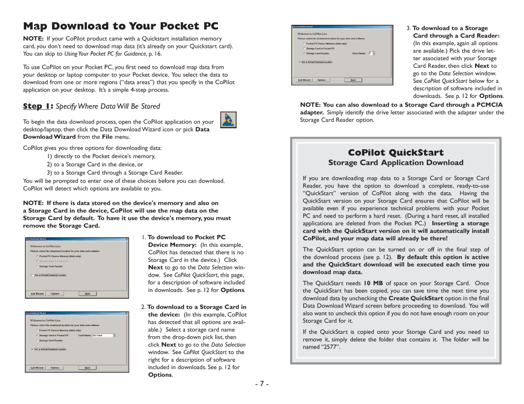 ALK Technologies Pocket PC 6 manual Map Download to Your Pocket PC, CoPilot QuickStart, Storage Card Application Download 