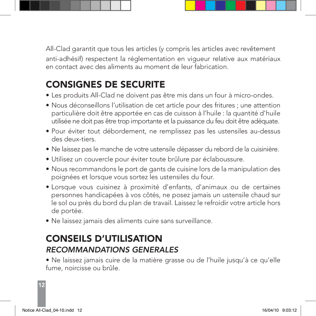 All-Clad 8400000927, 8400000928 manual Consignes DE Securite, Conseils D’UTILISATION, Recommandations Generales 