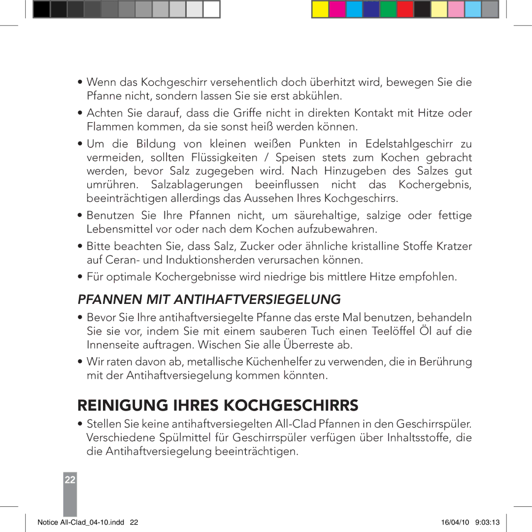 All-Clad 8400000927, 8400000928 manual Reinigung Ihres Kochgeschirrs, Pfannen MIT Antihaftversiegelung 